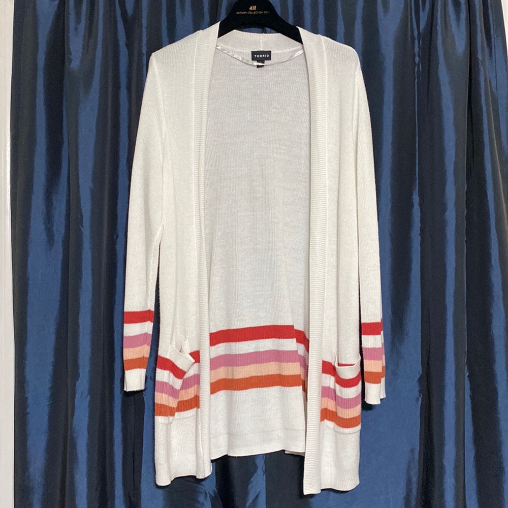 Torrid white long open cardigan with pink, orange, tan stripe detailing